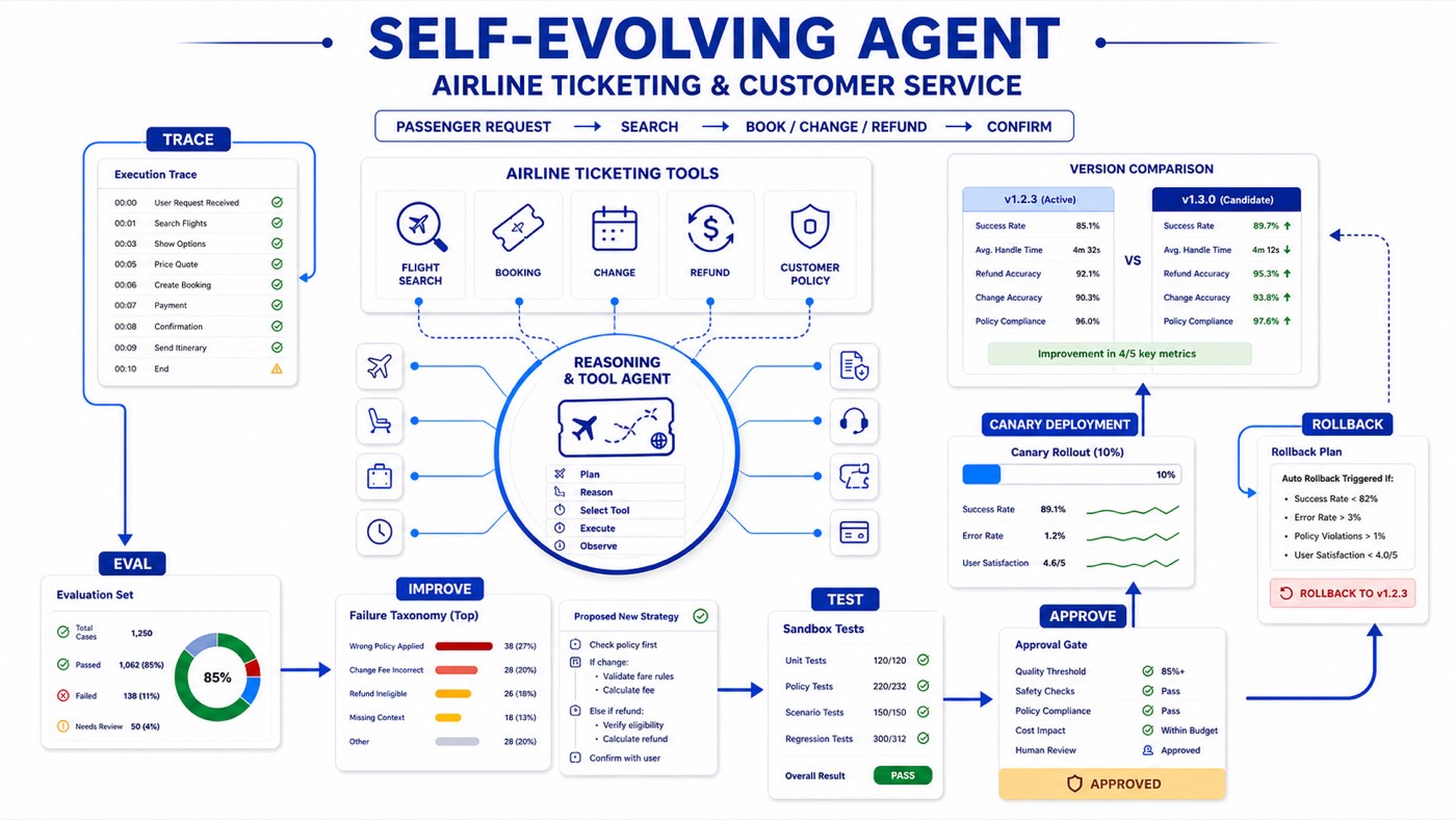 Self-Evolving Agent project diagram — ticketing agent with eval suite, experience memory, canary and rollback